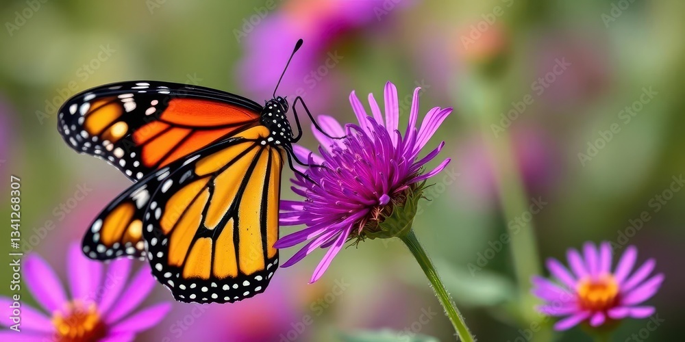 Fototapeta premium A monarch butterfly delicately perched on a vibrant purple wildflower, its wings partially open, wildlife, colorful