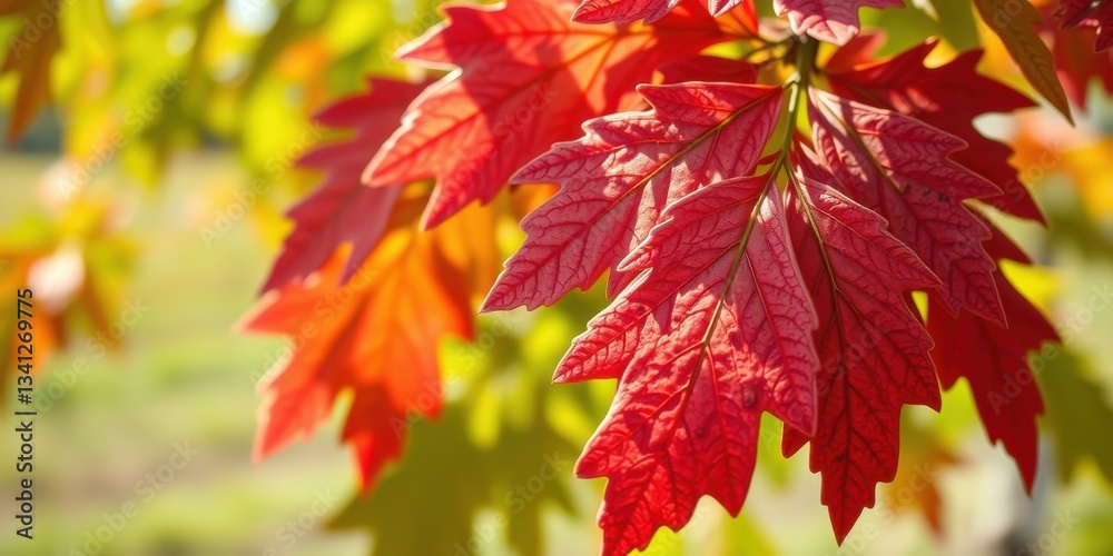 Vibrant Red Autumn Leaves on Branch, Close-Up Detail of Fall Foliage Showing Intricate Leaf Veins and Rich Color Saturation Vibrant Red Autumn Leaves on Branch, Close-Up Detail of Fall Foliage Showing Intricate Leaf Veins and Rich Color Saturation