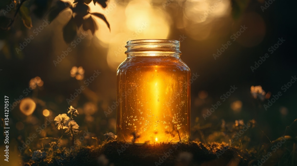 Golden honey jar glows at sunset. Golden honey jar glows at sunset.