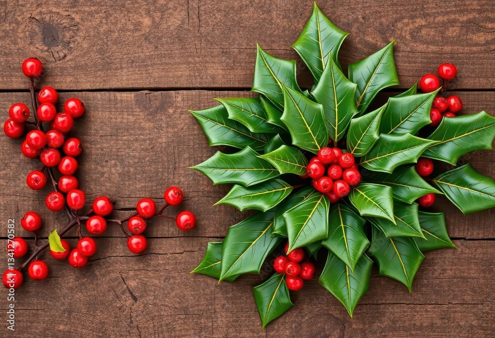 Deep green holly leaves and red berries scattered on rustic wood , holly, background Deep green holly leaves and red berries scattered on rustic wood , holly, background