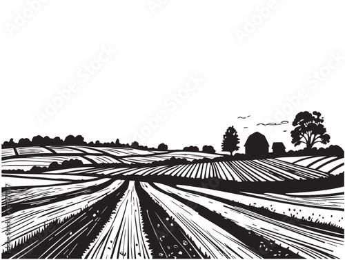 Farm fields sketch. Vine plantation hills, trees, clouds on the horizon vector illustration