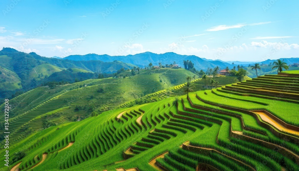 Fototapeta premium Emerald rice terraces cascade down verdant hills under a clear sky, sustainable, vibrant