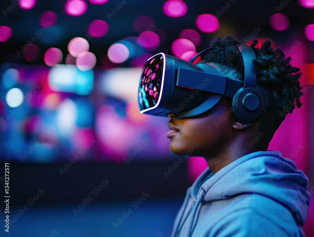 Young african american boy immersed in virtual reality experience wearing headset and engaging with technology Young african american boy immersed in virtual reality experience wearing headset and engaging with technology