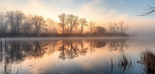 Misty morning, still pond reflecting fog-shrouded trees, fall, peaceful