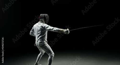 Male fencer in action: dynamic pose with foil in dark arena