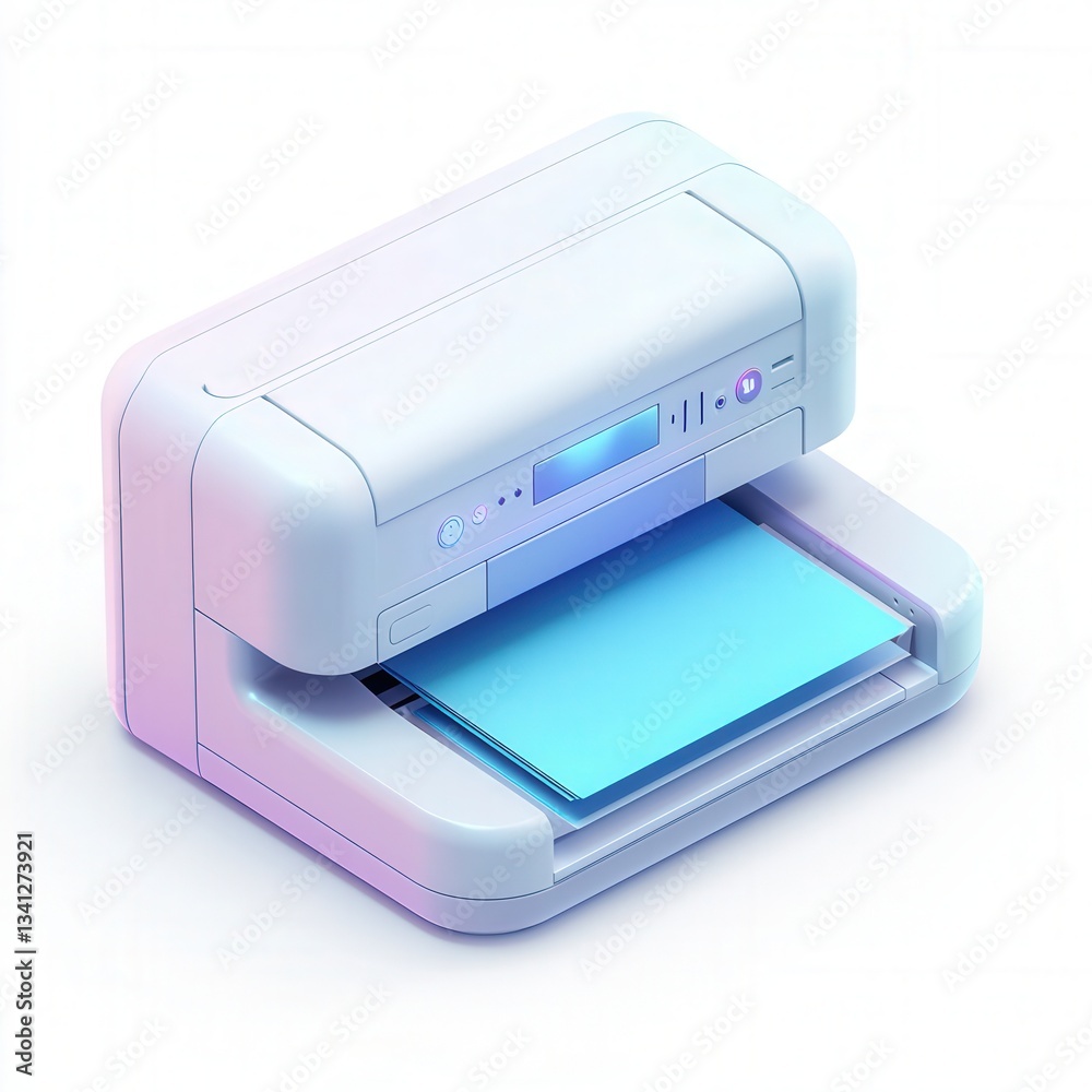 Minimalist white printer on a white surface with a blue paper, symbolizing office productivity and digital output. Ideal for illustrating document management. Minimalist white printer on a white surface with a blue paper, symbolizing office productivity and digital output. Ideal for illustrating document management.