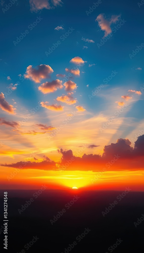 Fototapeta premium Vast panoramic sunrise, vibrant hues paint the sky with colorful clouds, tranquil, extraordinary