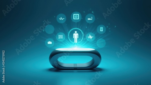 Wallpaper Mural A wearable medical device demonstration, wristband-like device projecting health stats in holographic form, glowing cyan and white elements Torontodigital.ca