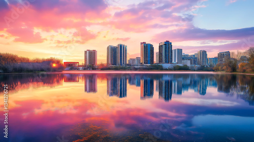 Panoramic modern city skyline with reflection in sunset colors