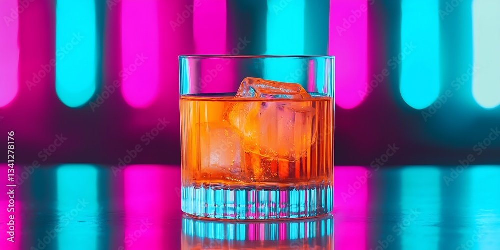 A vibrant glass of whiskey with ice cubes, set against a backdrop of colorful neon lights, creating a striking visual effect. A vibrant glass of whiskey with ice cubes, set against a backdrop of colorful neon lights, creating a striking visual effect.