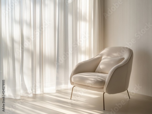 A white chair is sitting in front of a window. The chair is facing the window and is positioned in such a way that it is not blocked by the curtains