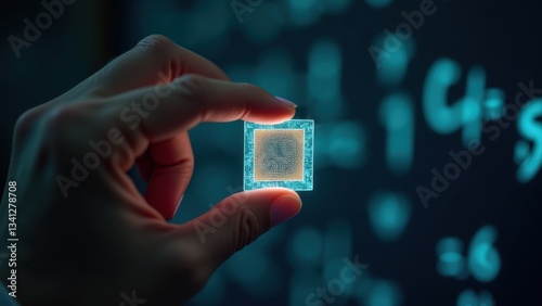 Close-up of a person hand holding a glowing qubit chip, blurred patterns of circuits on the surface of background, digital, technology concept