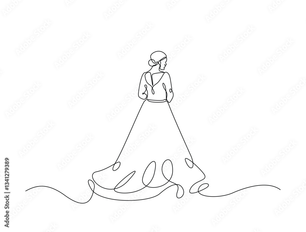 Continuous line art drawing of beautiful girl wearing flowing gown. Lady wearing long dress in one line drawing illustration. Editable stroke. Continuous line art drawing of beautiful girl wearing flowing gown. Lady wearing long dress in one line drawing illustration. Editable stroke.