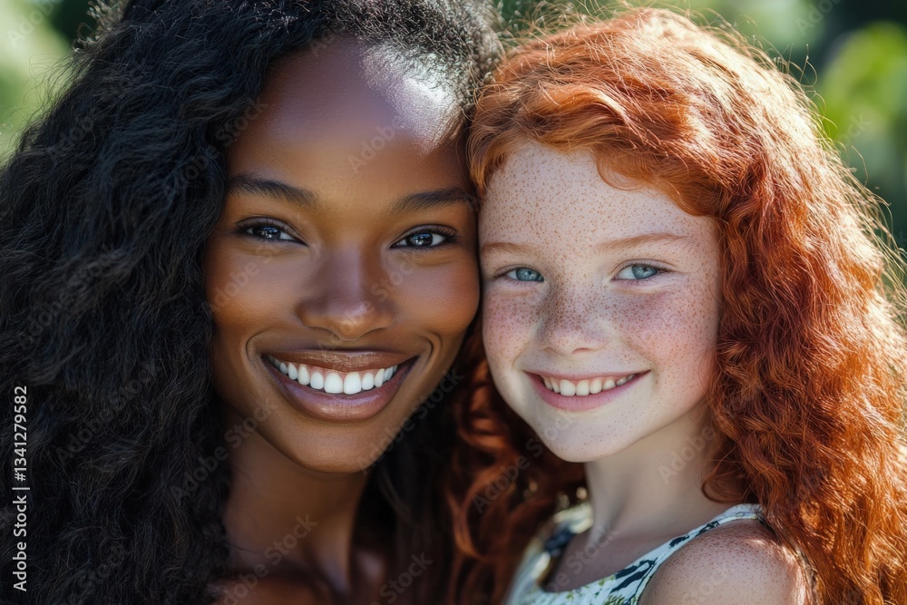 Obraz premium Interracial friendship: black woman and redhead child smiling together, concept of diversity