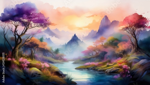 Breathtaking colorful fantasy landscape painting depicting a river flowing through mountains at sunset