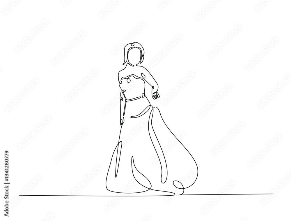 Continuous line art drawing of beautiful girl wearing flowing gown. Lady wearing long dress in one line drawing illustration. Editable stroke. Continuous line art drawing of beautiful girl wearing flowing gown. Lady wearing long dress in one line drawing illustration. Editable stroke.