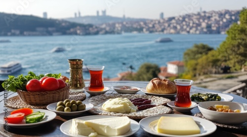 A scenic Turkish breakfast by the water with various foods.