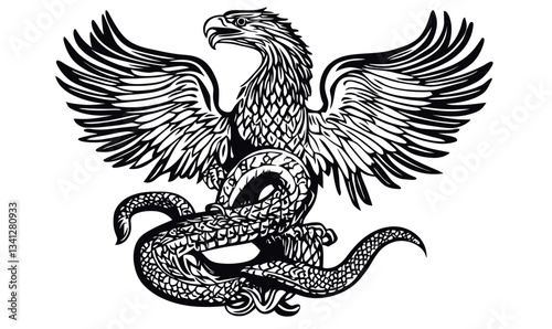 Minimalist Vector Illustration of Eagle and Snake, Mexican Coat of Arms Style