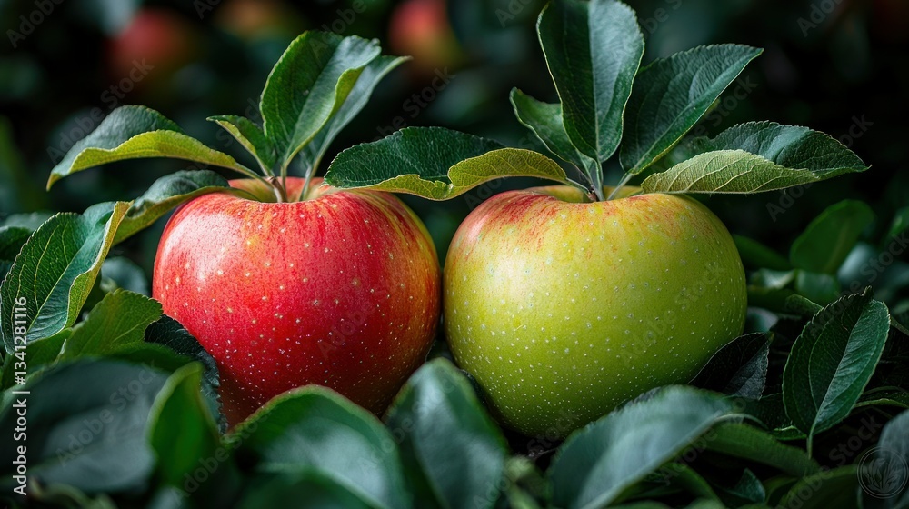 Obraz premium Two ripe apples, red and green, on branches in an orchard