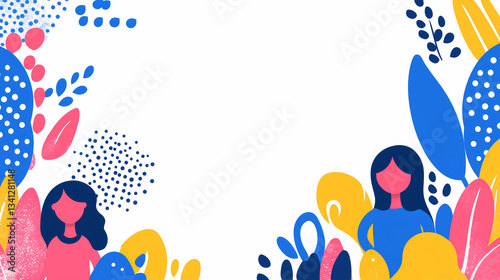 International Women's Day background illustration with copy space in the center on pure white background, pink, blue, yellow color palette, symbolizing purity and love