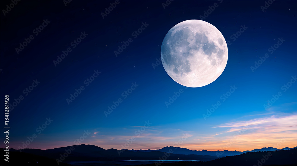 Fototapeta premium Full Moon Over Dark Landscape at Night