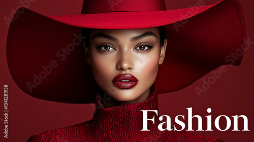 Elegant woman in red attire with large hat and lipstick for fashion cover with text 