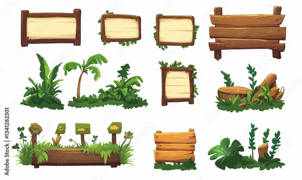 Fototapeta premium Jungle-Themed Cartoon Game Panels with Wooden Signs and Tropical Plants Vector