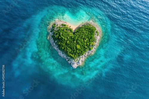 Heart-shaped island emerging from turquoise water, a tropical paradise