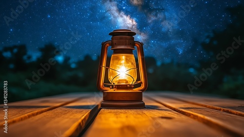 Lantern on table under starry night