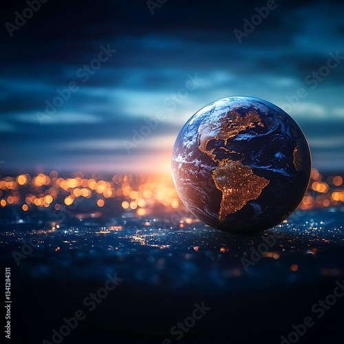 Planet Earth on the background of blurred lights of the city. Concept on business, politics, ecology and media
