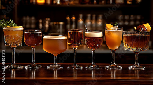 A variety of craft cocktails in elegant glassware with garnishes in a dimly lit bar
