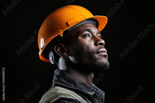 Confident construction worker wearing hardhat looking up on black background