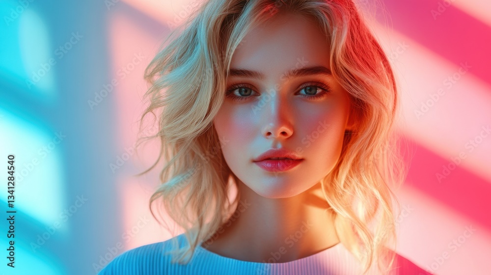 Fototapeta premium Portrait of a young woman in vibrant neon lighting with soft blonde hair and expressive eyes