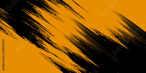 Yellow and black backdrop with dot halftone pattern element. Abstract brush grunge background. retro comic concept for your graphic design, banner or poster See Less
