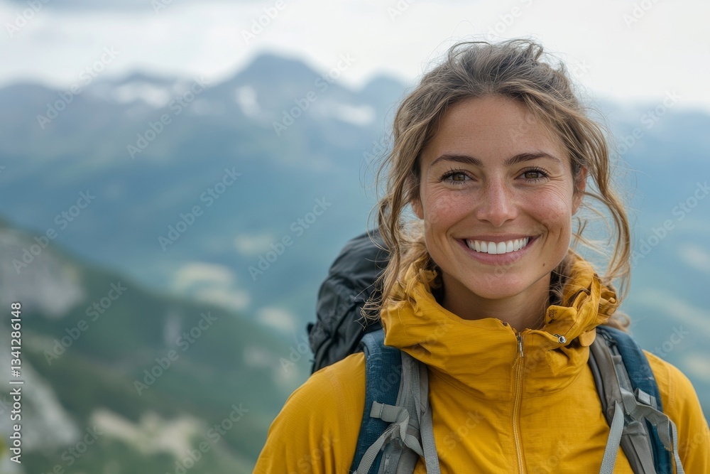 a smiling woman hiker posing with mountains in the background, conveying adventure and exploration a smiling woman hiker posing with mountains in the background, conveying adventure and exploration