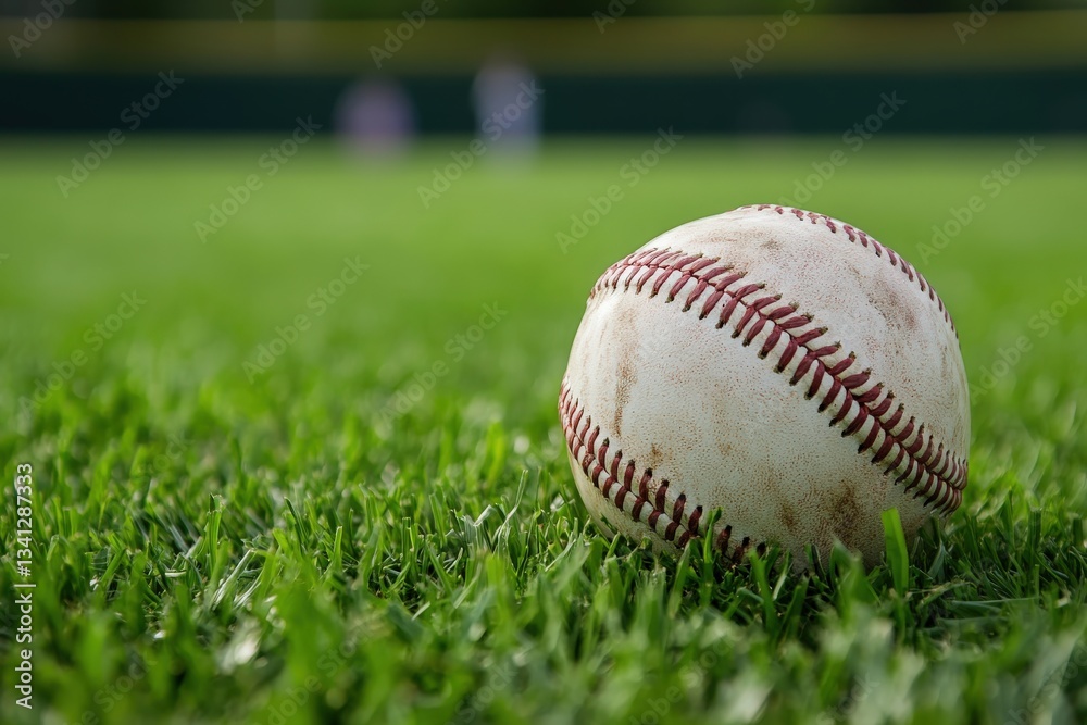 Worn baseball resting on lush green grass of baseball field Worn baseball resting on lush green grass of baseball field