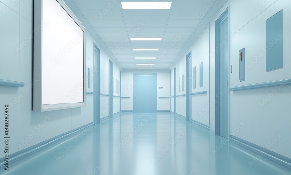 Hospital Hallway with Empty Poster Frame Clean Interior Design Mockup Hospital Hallway with Empty Poster Frame Clean Interior Design Mockup