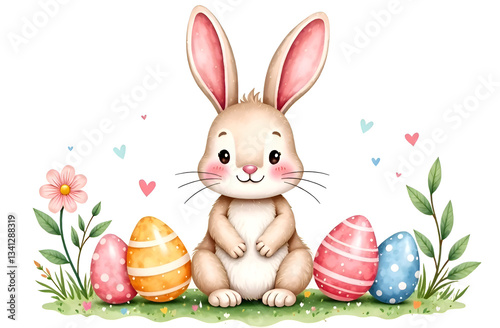 Cute Easter card with rabbit and eggs. Postcard with an Easter bunny.