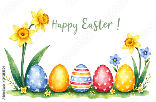 Easter card. Colorful eggs and flowers on the background of nature