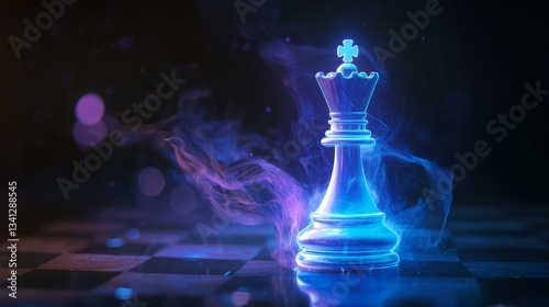 Glowing chess queen piece on a board. Strategy, power, and victory.