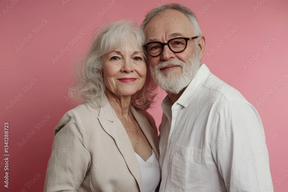 Happy senior couple smiling together on pink background Happy senior couple smiling together on pink background