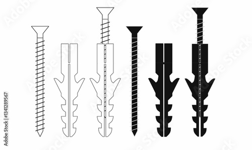 Black and white vector illustration of screws and wall plugs. Ideal for construction, hardware, engineering, technical drawings, and DIY projects.