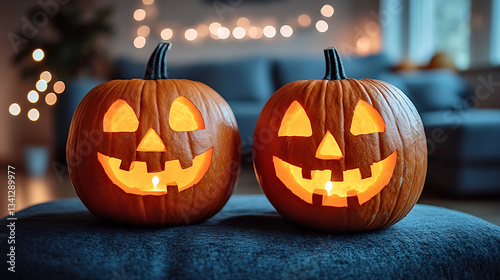 Glowing carved pumpkins in a cozy Halloween decorated living room with sofa and other furnitures