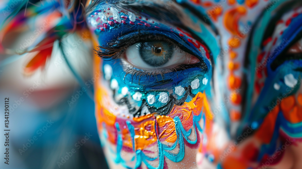 Fototapeta premium Detailed Close-Up of Carnival Face Paint with Vibrant Colors and Artistic Designs on Festival Participants