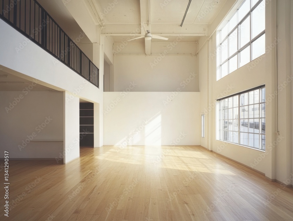 A large room with a white wall and wooden floors. There is a fan in the ceiling. The room is empty A large room with a white wall and wooden floors. There is a fan in the ceiling. The room is empty