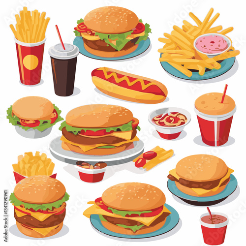fastfood, fast, snack, food, meal, delicious, background, lunch, dinner, fat, american, burger, unhealthy, restaurant, meat, isolated, junk, menu, cheeseburger, tasty, set, hamburger, sandwich, cuisin