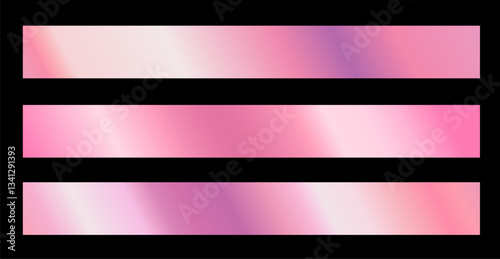 Vector set of illustration of different golden rose metallic textured gradation ribbon in frame. Background set. 3d realistic style design of pink shiny gradient with diagonal stripe