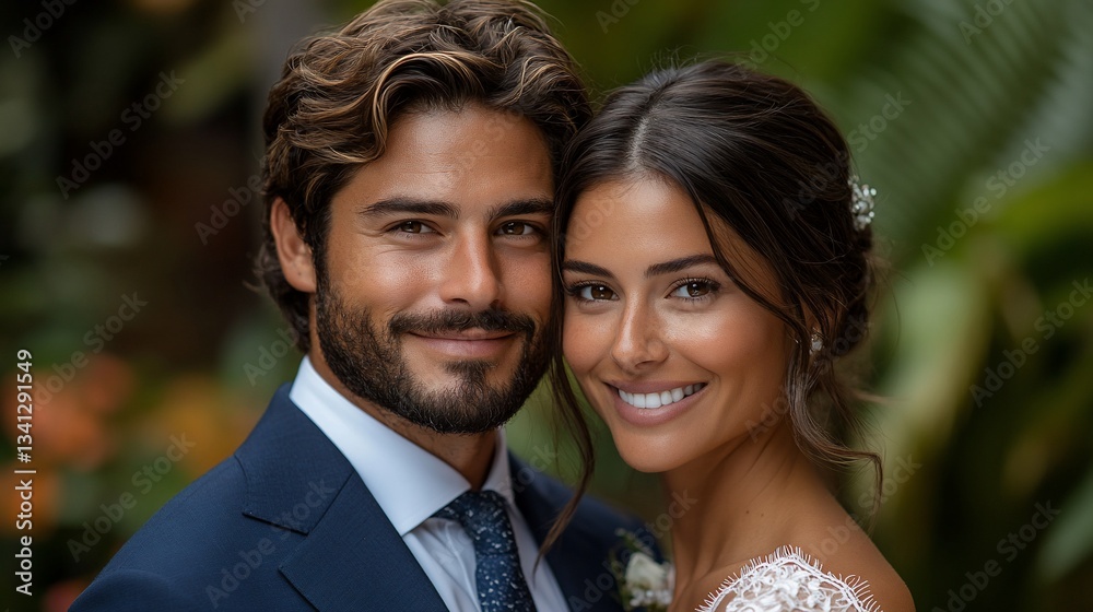 Happy newlywed couple portrait, smiling, close-up. Happy newlywed couple portrait, smiling, close-up.