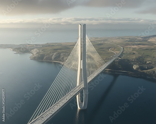 Coastal Cable-Stayed Bridge Aerial View.