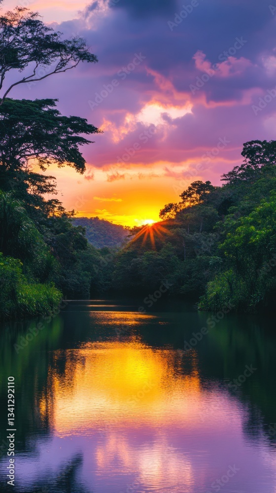 Obraz premium Tranquil tropical river reflecting a vibrant sunset through lush forest
